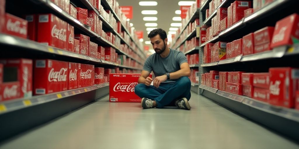 a man is sitting on the floor in a store aisle with boxes of coca - cola on the floor, Dorothy Coke,