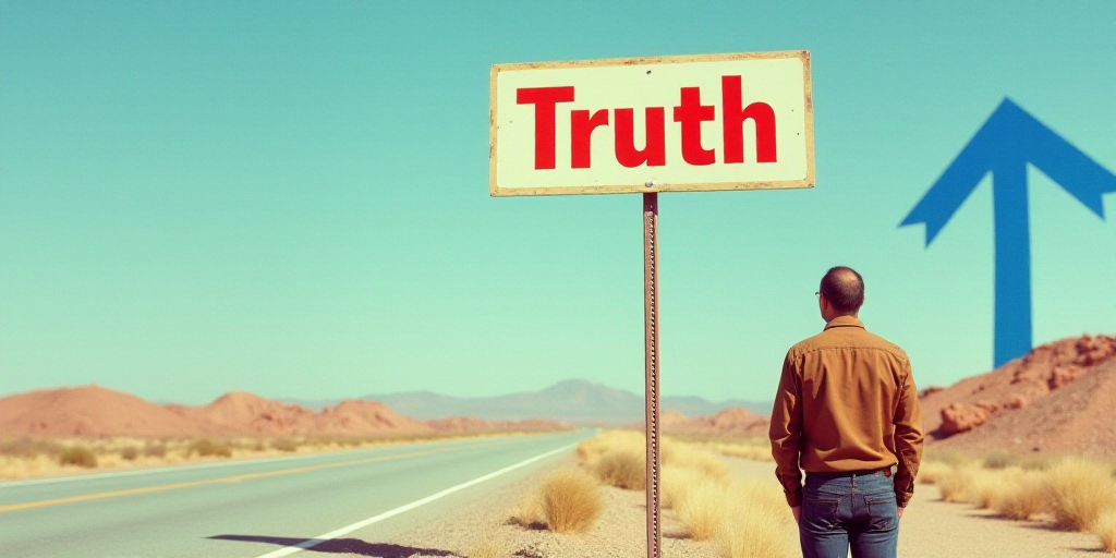 a man is standing in front of a sign that says truth on it and a blue arrow is in the background, Ed