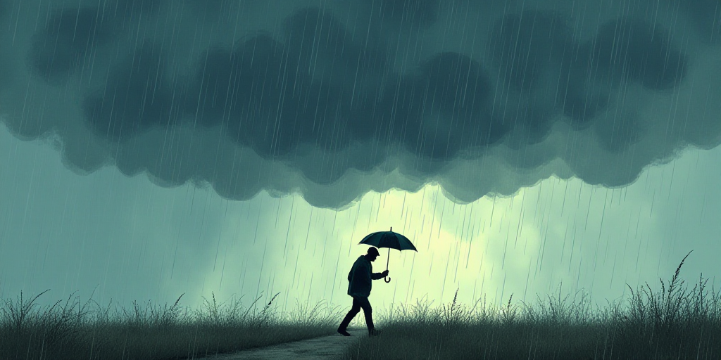 a man is trying to get out of the rain with an umbrella and a storm cloud above him,, Andries Stock,