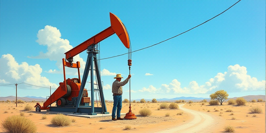a man is working on a pump in the desert with a blue sky in the background and a few wires above him