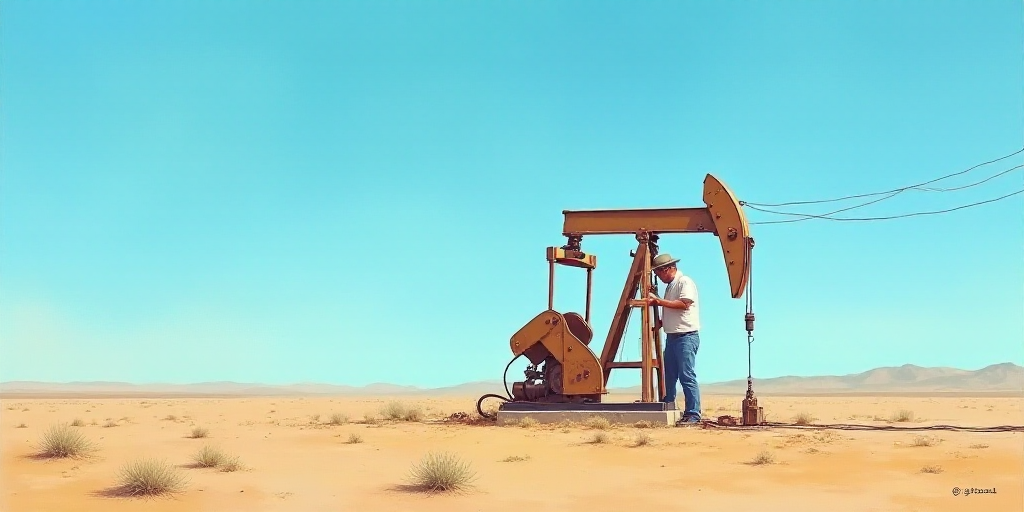 a man is working on a pump in the desert with a blue sky in the background and a few wires above him