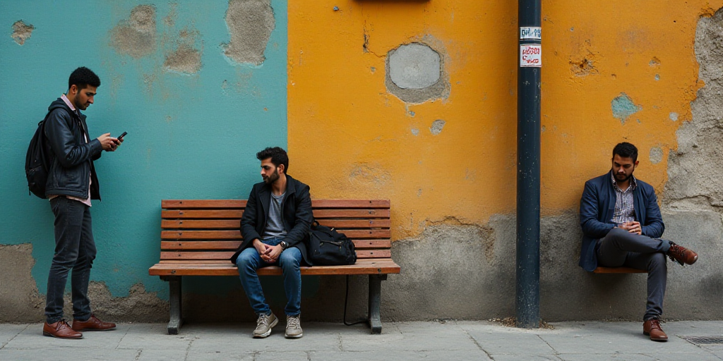 a man leaning against a wall while another man looks at his cell phone in the street while another m