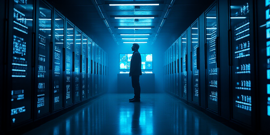 a man looking at a computer in a server room with blue lights on the side of the room and a mirror i