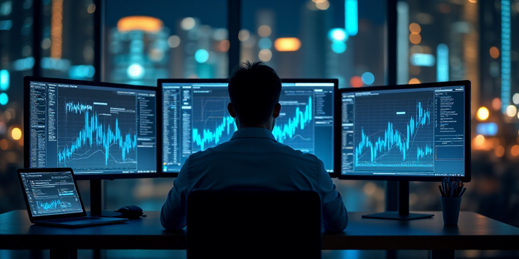 a man looking at multiple computer screens with different graphs on them and a laptop on the desk wi
