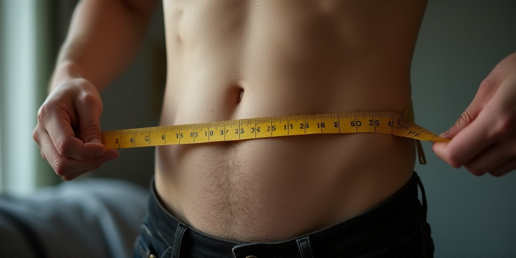 a man measuring his belly with a tape and a measuring tape on his waist with a woman in the backgrou