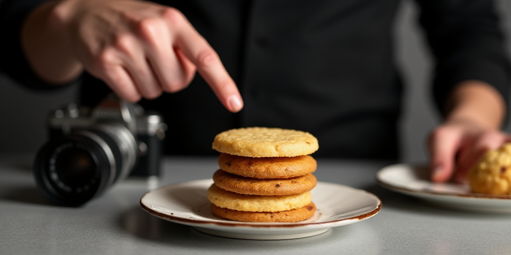a man pointing at a stack of cookies on a plate with a camera in the background and a plate with a s
