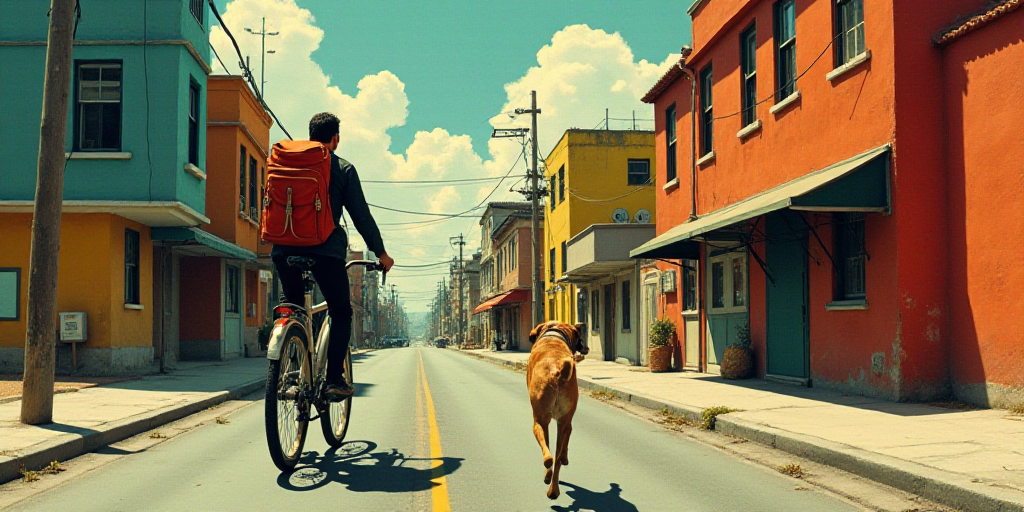 a man riding a bike down a street with a backpack on his back and a dog on the sidewalk, Diego River