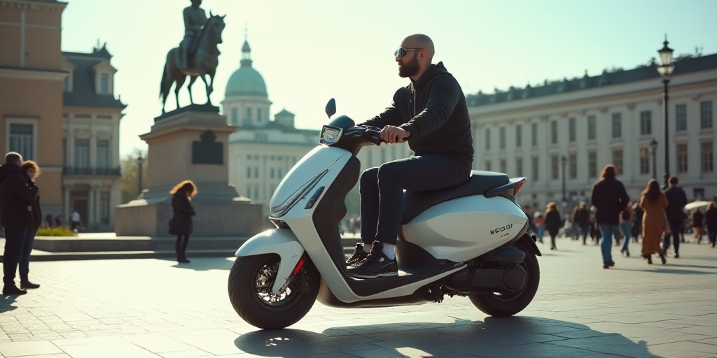 a man riding a scooter in a city square with people walking around and a statue in the background, E