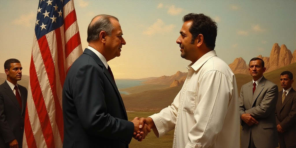 a man shaking another mans hand in front of a flag and a painting of a man in a white shirt, Eddie M