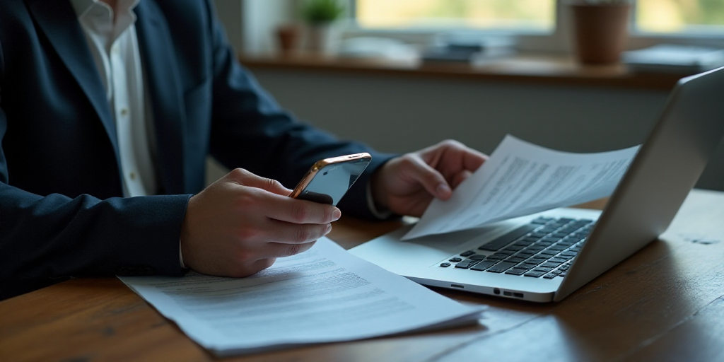 a man sitting at a desk using a laptop computer and holding a cell phone in his hand and looking at