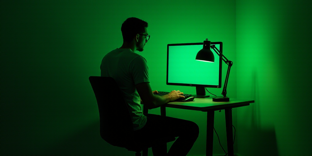a man sitting at a desk with a computer monitor and a green lamp in front of him and a green lamp on