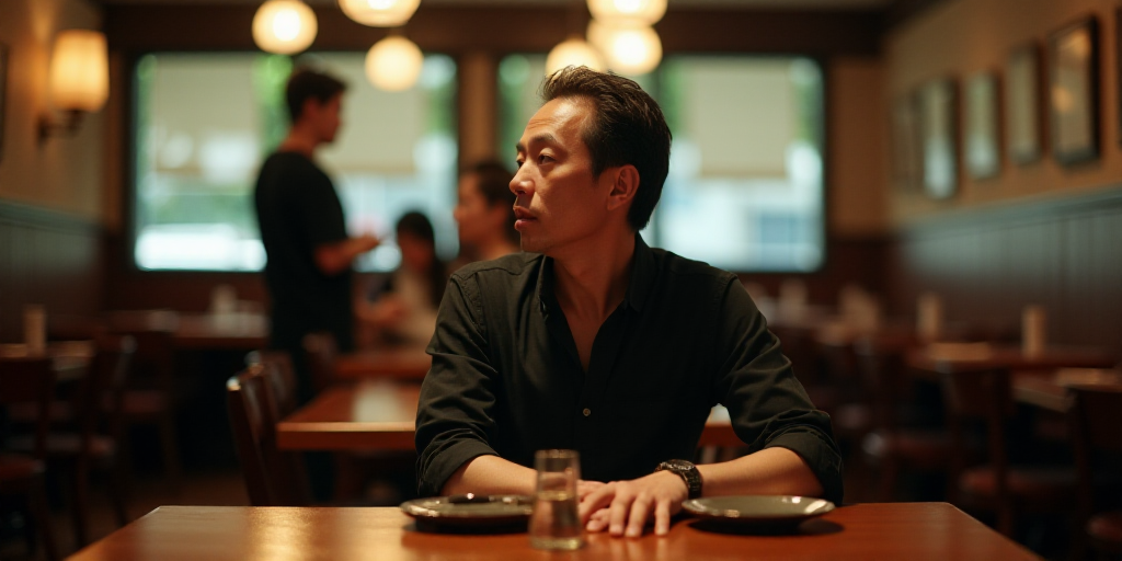 a man sitting at a table in a restaurant with a woman standing behind him and a man standing behind