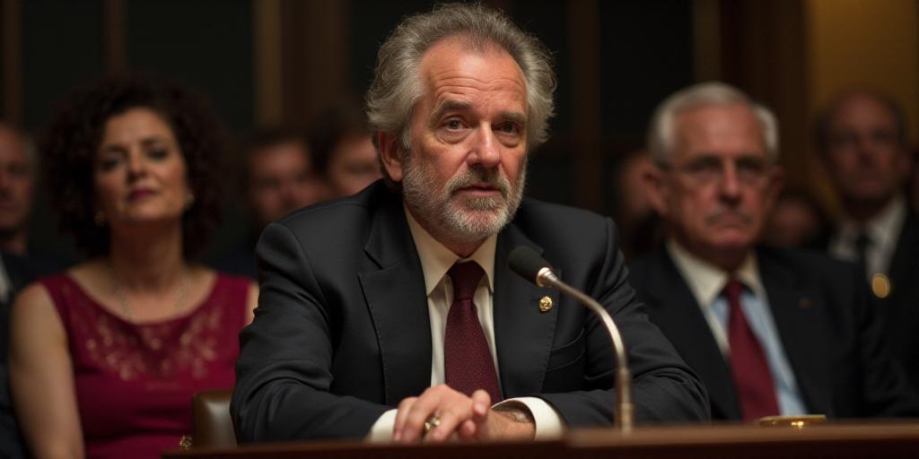 a man sitting at a table with a microphone in front of him and other people behind him looking on, D