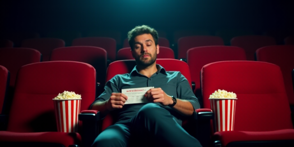 a man sitting in a movie theater with a movie ticket and popcorn buckets next to him and a movie tic