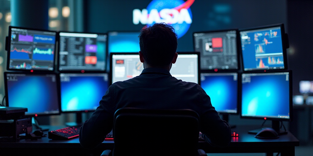 a man sitting in front of a computer monitor with a nasda logo on it's back and a lot of monitors be