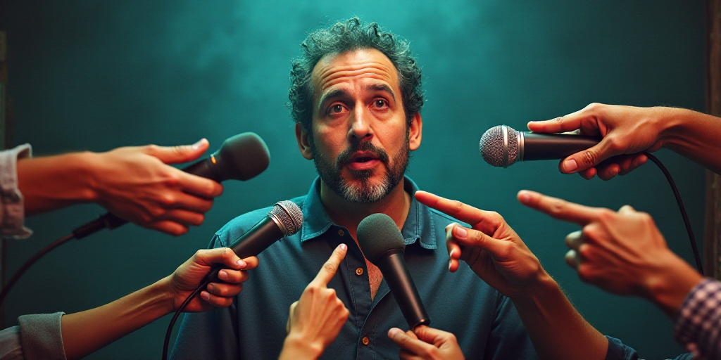 a man speaking into a microphone surrounded by people holding microphones and pointing fingers up to