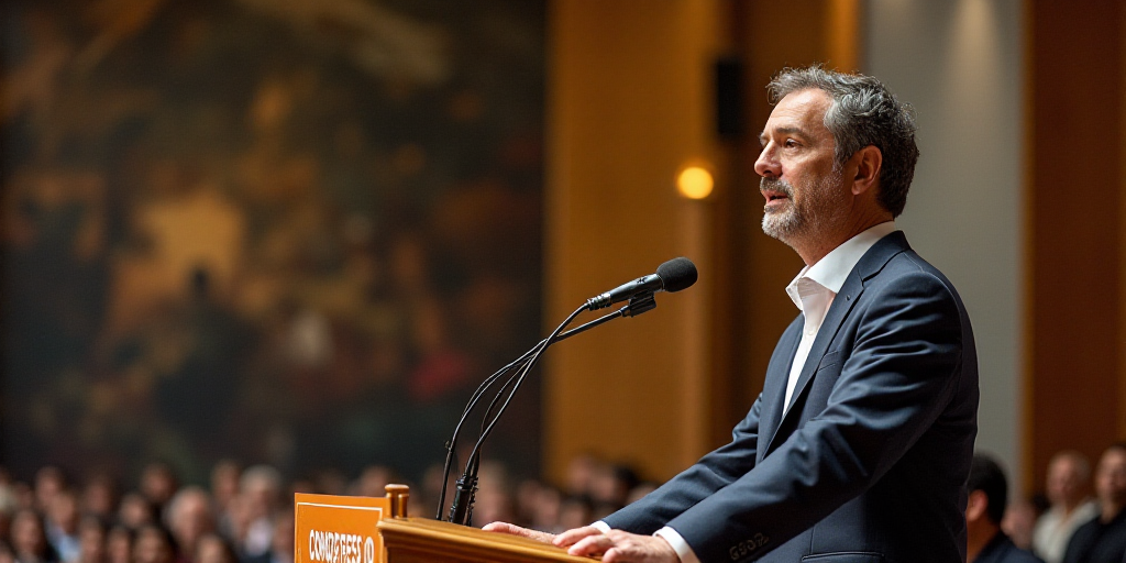 a man standing at a podium giving a speech in front of a microphone and a sign that says congress do