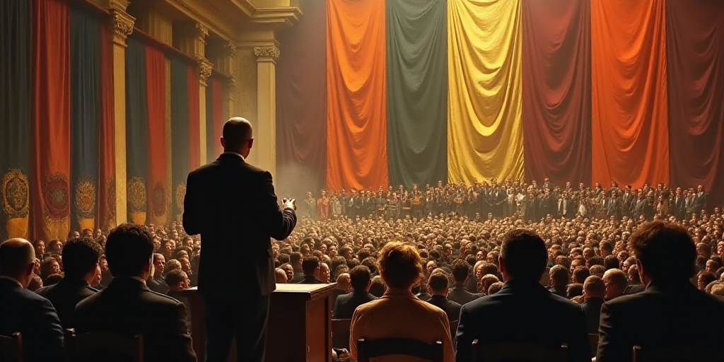 a man standing at a podium in front of a crowd of people in a room with flags on the walls, David Al