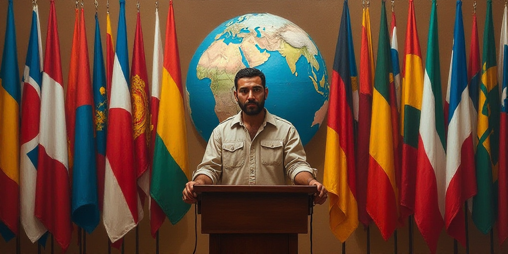 a man standing at a podium in front of flags of different countries and a flag of the world behind h