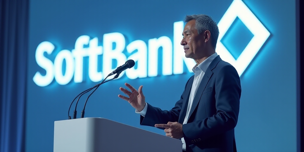 a man standing at a podium in front of a softbank sign and microphones in front of him, Ai-Mitsu, an