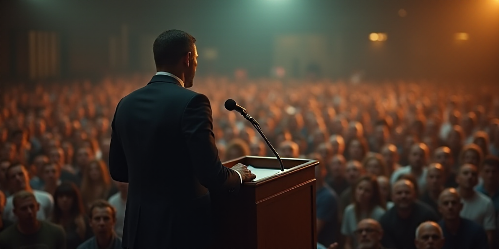a man standing at a podium in front of a crowd of people with a microphone in front of him, Eddie Me