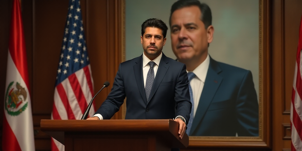 a man standing at a podium in front of a flag and a poster of a man in a suit, Estuardo Maldonado, i