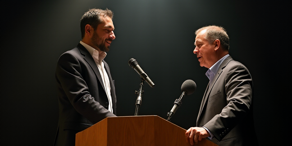 a man standing at a podium with a microphone in front of him and another man standing behind him wit