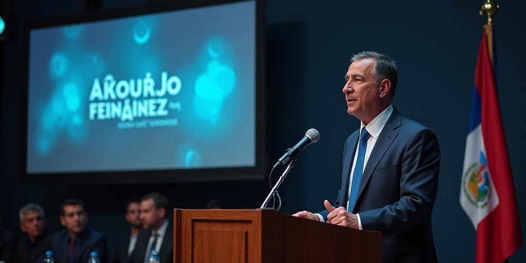 a man standing at a podium with a microphone in front of him and a flag behind him and a banner behi