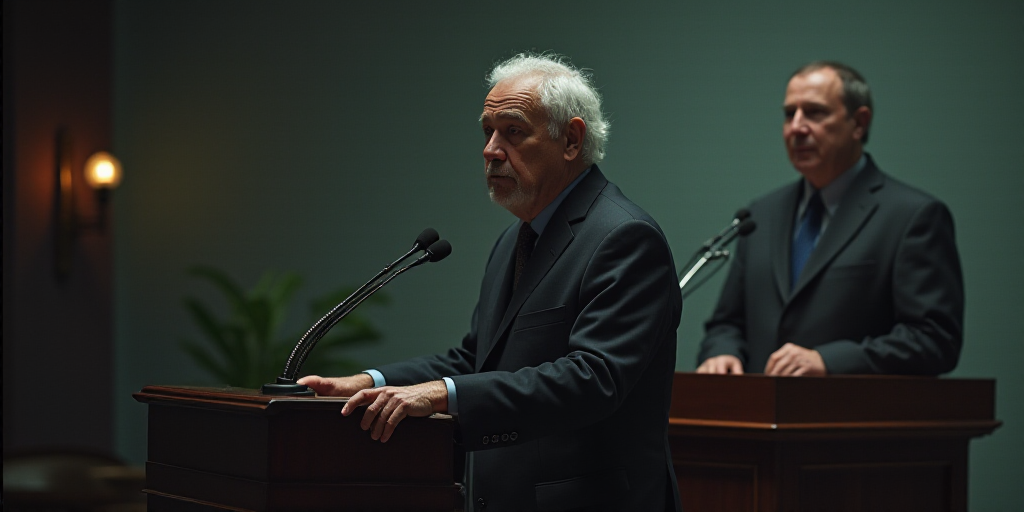a man standing at a podium with a microphone in front of him and another man standing behind him beh