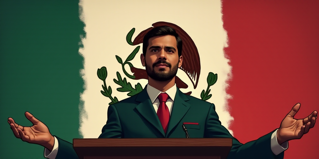 a man standing at a podium with his hands up in front of him and a mexican flag behind him, Araceli