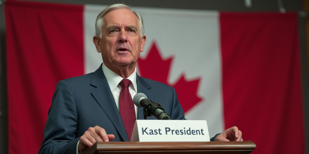 a man standing at a podium with a microphone in front of a flag backdrop and a sign that says kast p