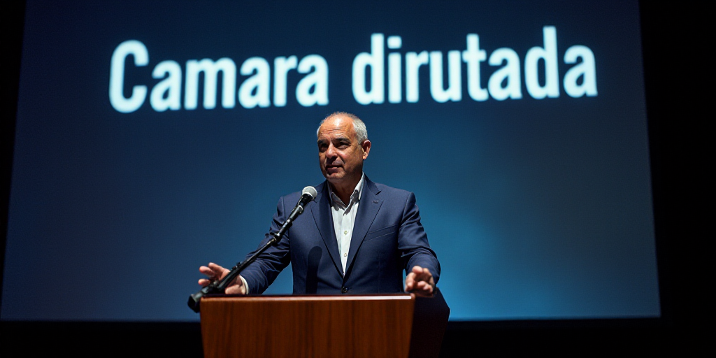 a man standing at a podium with a microphone in front of him and a sign behind him that says camara