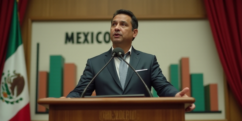 a man standing at a podium with a microphone in front of him and a bar chart behind him that says me