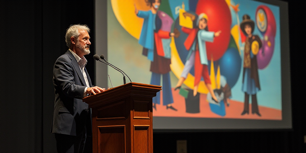 a man standing at a podium with a microphone in front of him and a screen behind him that says russi