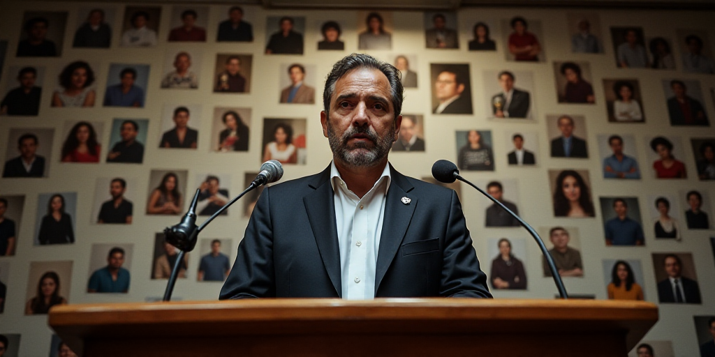 a man standing at a podium with microphones in front of him and a wall with pictures of people behin
