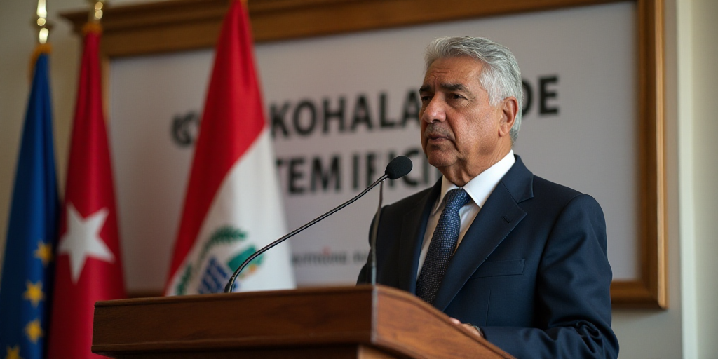 a man standing at a podium with a microphone in front of him and a flag behind him and a sign behind