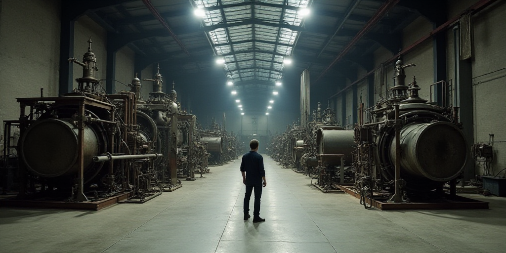 a man standing in a large room with lots of metal equipment in it's center area and lights on the ce