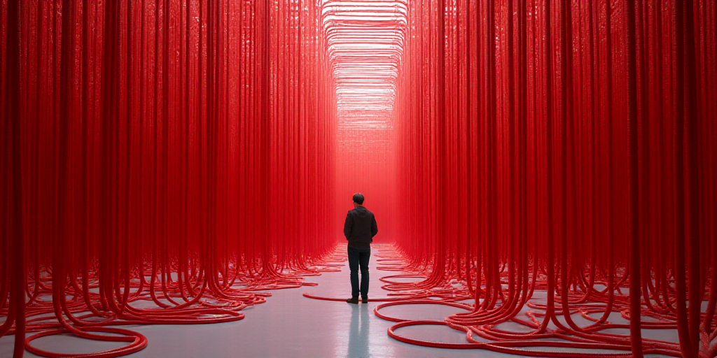 a man standing in a room filled with lots of red wires and wires on top of each other and a woman st