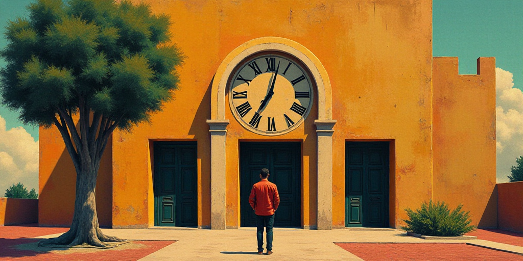 a man standing in front of a building with a clock on it's face and a tree in front of it, David Alf
