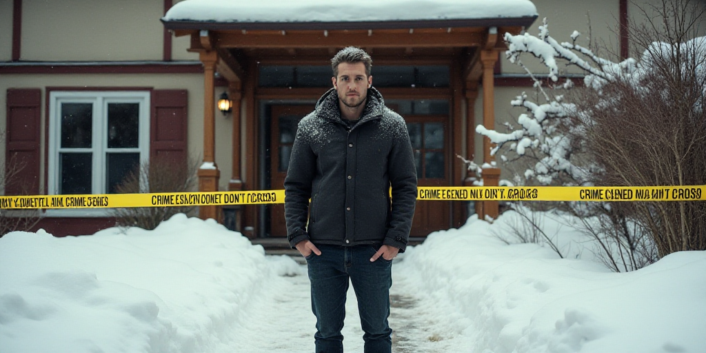 a man standing in front of a building with a yellow tape around him and a sign that says crime scene