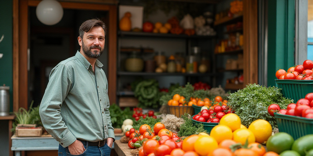 a man standing in front of a display of vegetables and fruits in plastic containers on a table in a