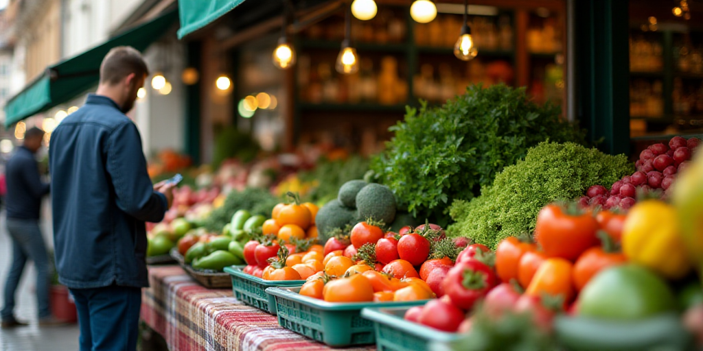 a man standing in front of a display of vegetables and fruits in plastic containers on a table in a