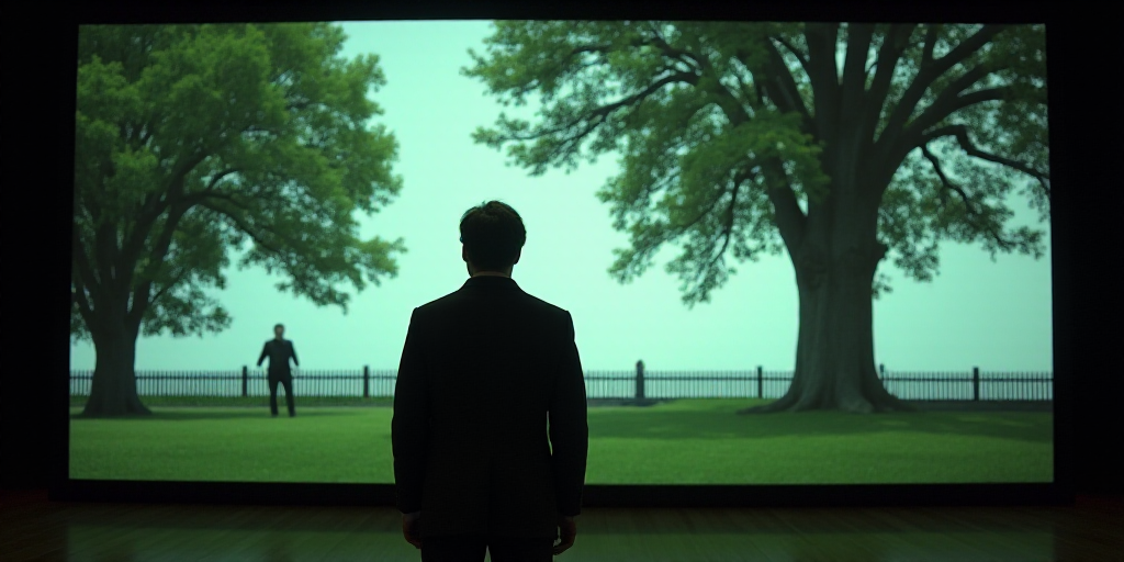 a man standing in front of a projection of a park with a man standing next to a tree and a fence, Da