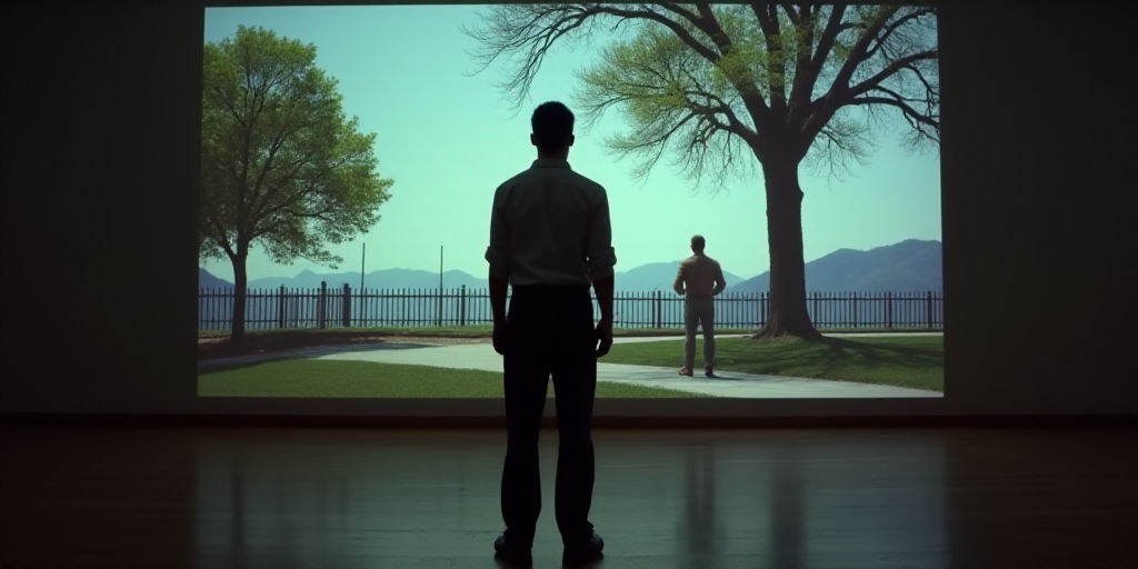 a man standing in front of a projection of a park with a man standing next to a tree and a fence, Da