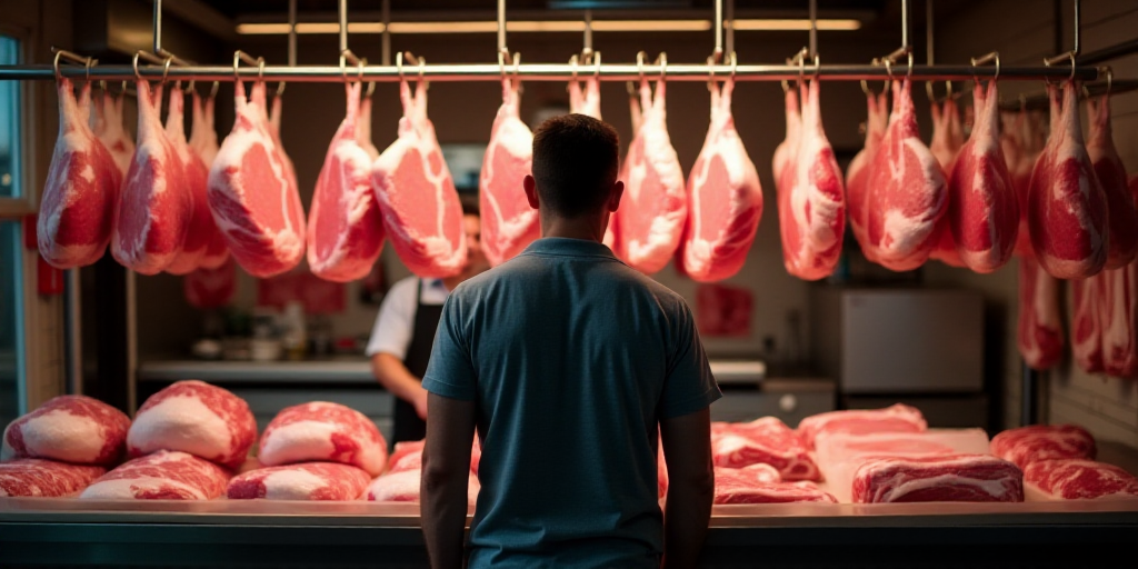 a man standing in front of a rack of meat on display at a butcher shop with a man in the background,