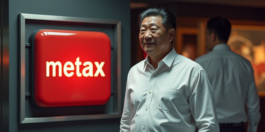 a man standing in front of a sign that says metax on it and a man in a white shirt, Dai Xi, raytraci