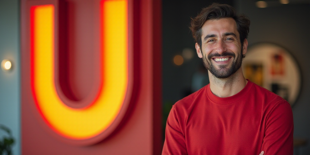 a man standing in front of a u sign with a smile on his face and a red shirt on, Eduardo Lefebvre Sc