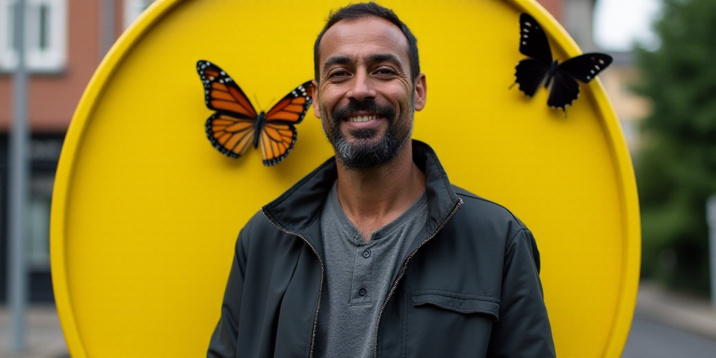 a man standing in front of a yellow sign with a butterfly on it's side and a butterfly on the back o