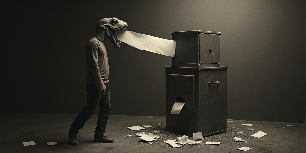 a man standing next to a machine with a piece of paper in it's mouth and a box with a piece of paper