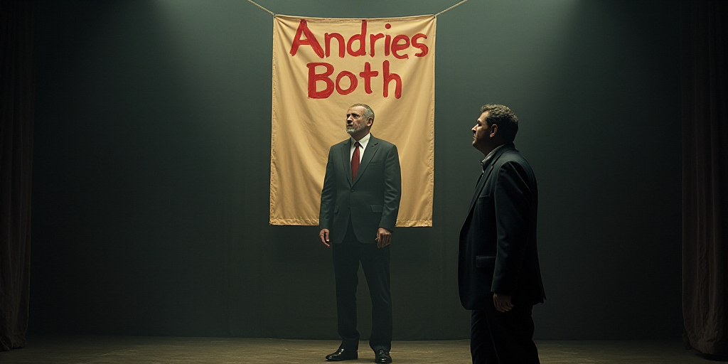 a man standing next to a man in a suit on a stage with a banner behind him that says,, Andries Both,